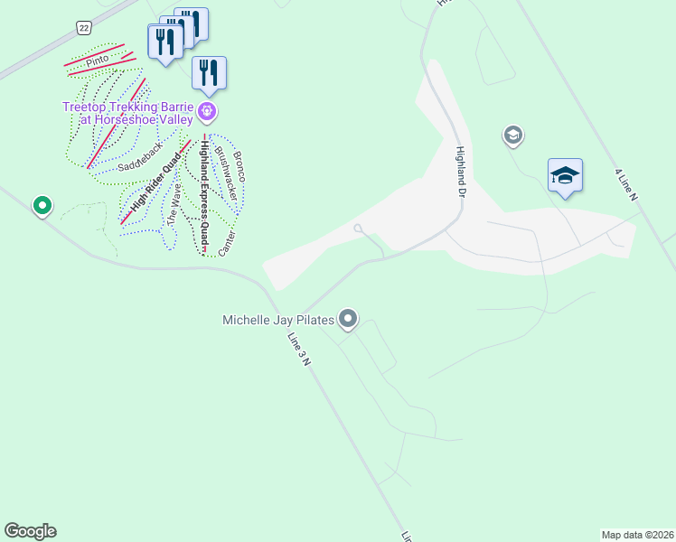 map of restaurants, bars, coffee shops, grocery stores, and more near 102 Highland Drive in Shanty Bay