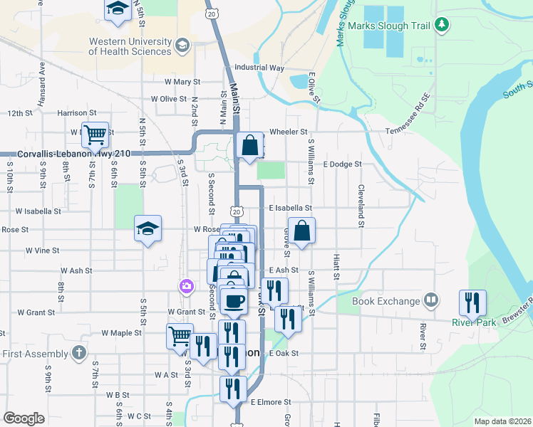 map of restaurants, bars, coffee shops, grocery stores, and more near 325 Park Street in Lebanon