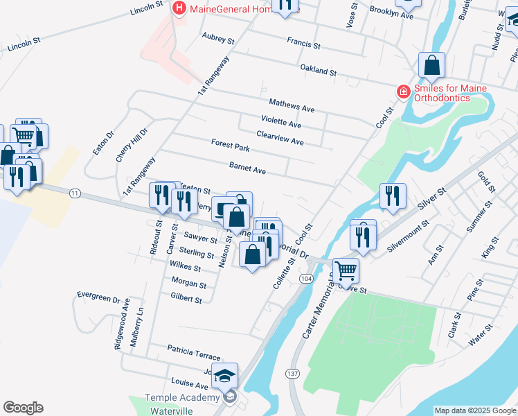 map of restaurants, bars, coffee shops, grocery stores, and more near 5 Salem Street in Waterville