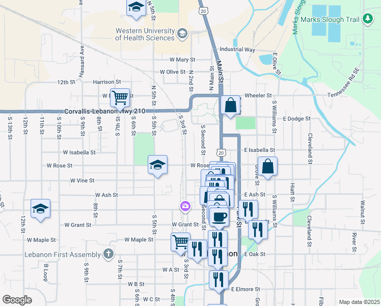 map of restaurants, bars, coffee shops, grocery stores, and more near 313 South 3rd Street in Lebanon