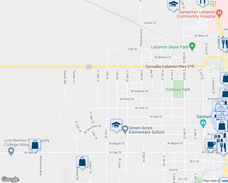 map of restaurants, bars, coffee shops, grocery stores, and more near 350 11th Street in Lebanon
