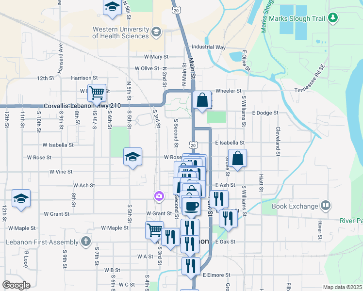 map of restaurants, bars, coffee shops, grocery stores, and more near 313 South Second Street in Lebanon