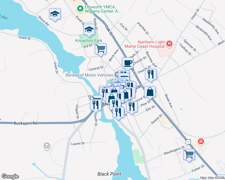 map of restaurants, bars, coffee shops, grocery stores, and more near 1 City Hall Plaza in Ellsworth