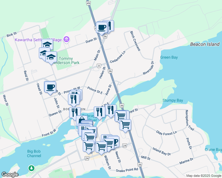 map of restaurants, bars, coffee shops, grocery stores, and more near 1 Anne Street in Kawartha Lakes