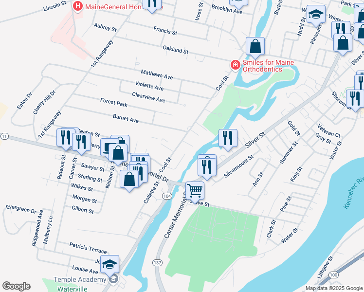 map of restaurants, bars, coffee shops, grocery stores, and more near 70 Cool Street in Waterville