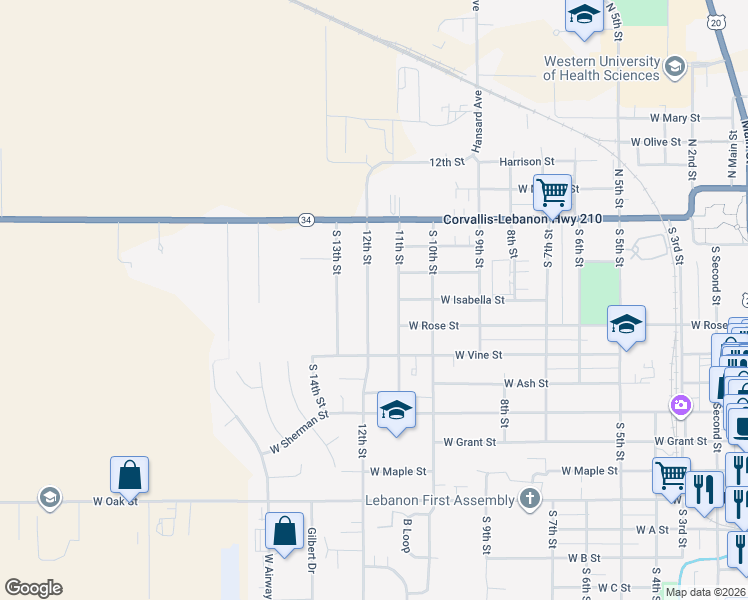 map of restaurants, bars, coffee shops, grocery stores, and more near 355 12th Street in Lebanon