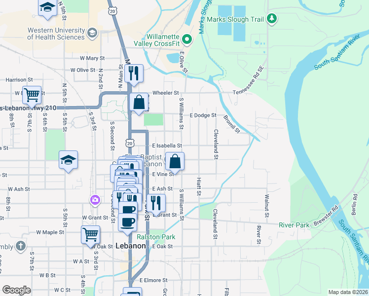 map of restaurants, bars, coffee shops, grocery stores, and more near 320 East Isabella Street in Lebanon