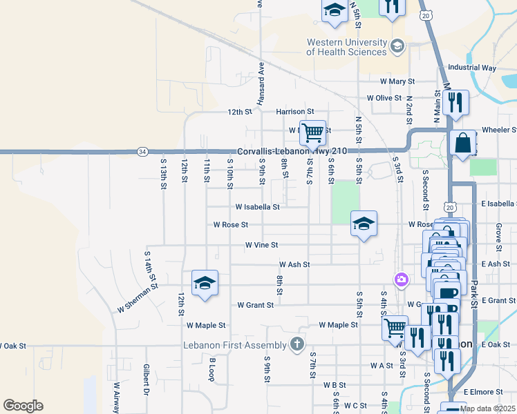 map of restaurants, bars, coffee shops, grocery stores, and more near 810 West Isabella Street in Lebanon