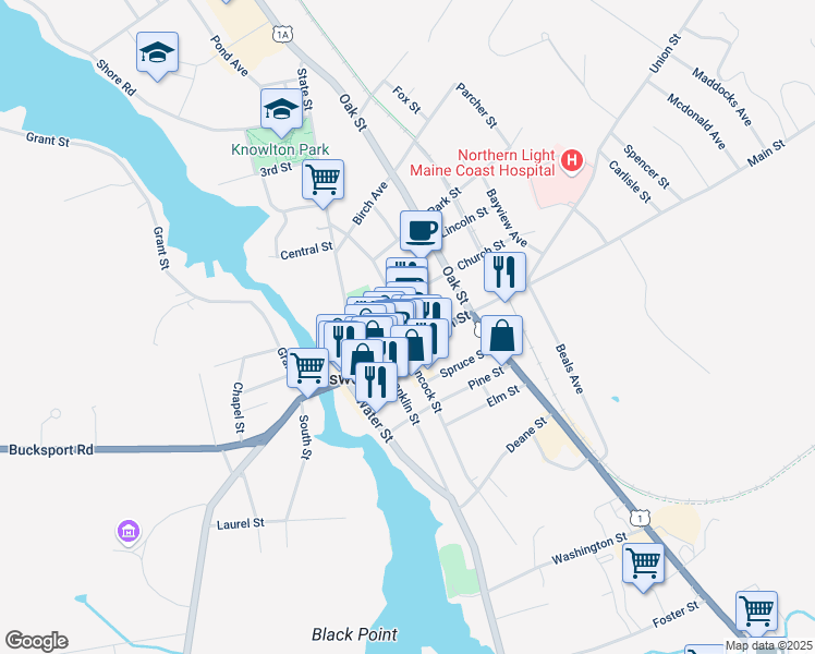 map of restaurants, bars, coffee shops, grocery stores, and more near 5 School St in Ellsworth