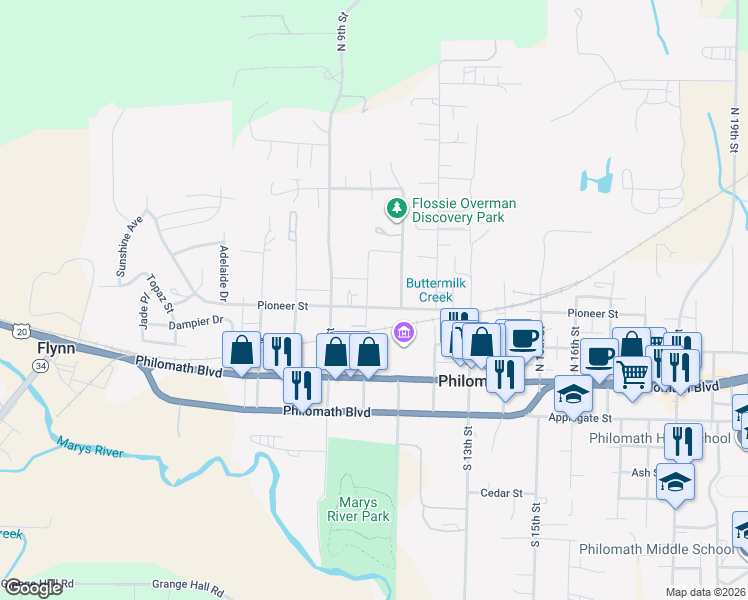 map of restaurants, bars, coffee shops, grocery stores, and more near 307 North 10th Street in Philomath