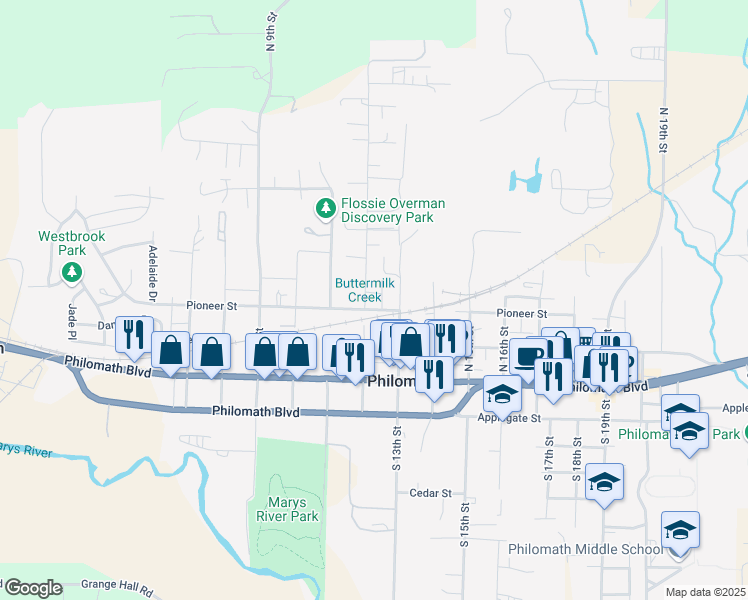 map of restaurants, bars, coffee shops, grocery stores, and more near 305 North 12th Street in Philomath