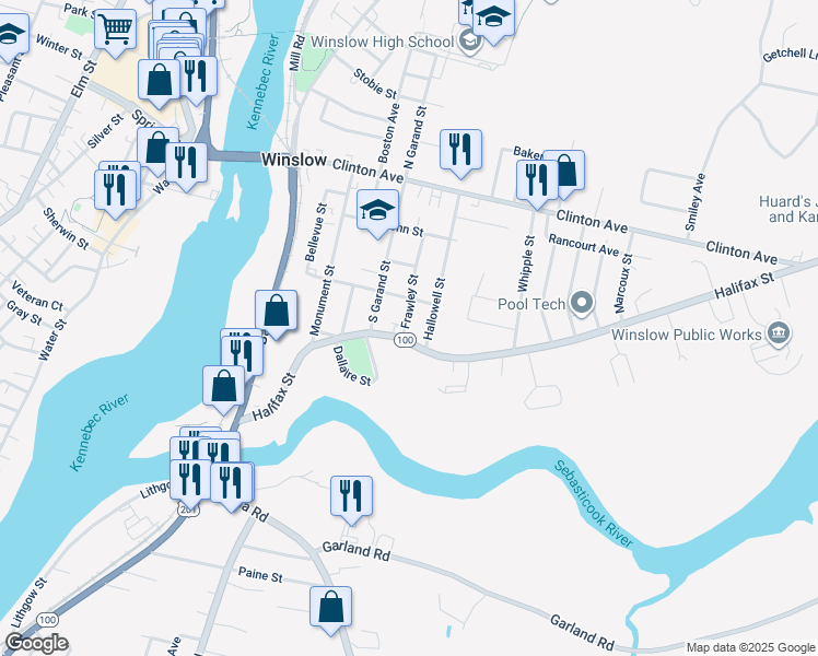 map of restaurants, bars, coffee shops, grocery stores, and more near 22 Frawley Street in Winslow