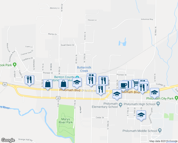 map of restaurants, bars, coffee shops, grocery stores, and more near 305 North 12th Street in Philomath