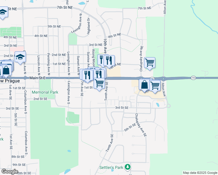 map of restaurants, bars, coffee shops, grocery stores, and more near 1067 1st Street Southeast in New Prague