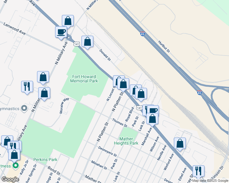 map of restaurants, bars, coffee shops, grocery stores, and more near 1314 North Locust Street in Green Bay