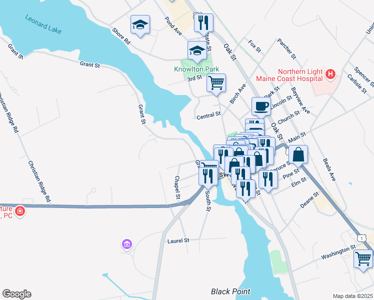 map of restaurants, bars, coffee shops, grocery stores, and more near 40 Grant Street in Ellsworth