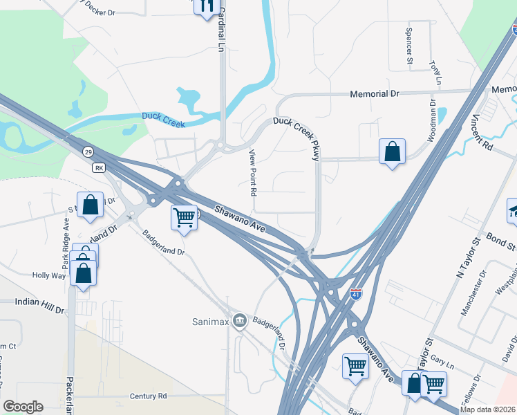 map of restaurants, bars, coffee shops, grocery stores, and more near 148 View Point Road in Green Bay