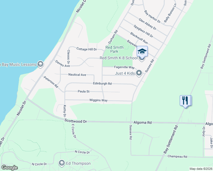 map of restaurants, bars, coffee shops, grocery stores, and more near 3428 Edinburgh Road in Green Bay