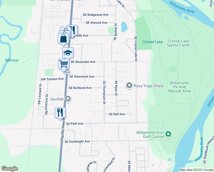 map of restaurants, bars, coffee shops, grocery stores, and more near 2385 Southeast Thompson Street in Corvallis