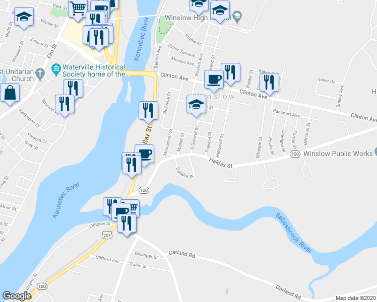 map of restaurants, bars, coffee shops, grocery stores, and more near 42 Halifax St in Winslow