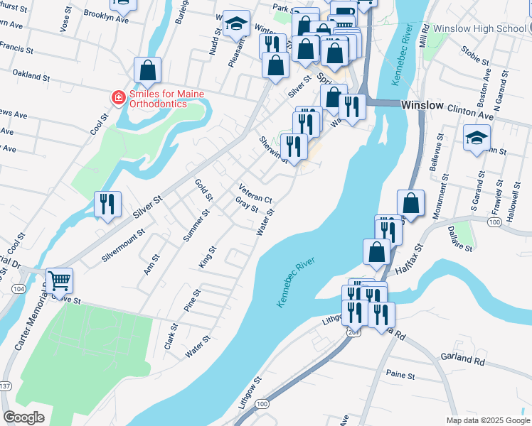 map of restaurants, bars, coffee shops, grocery stores, and more near 69 Water Street in Waterville