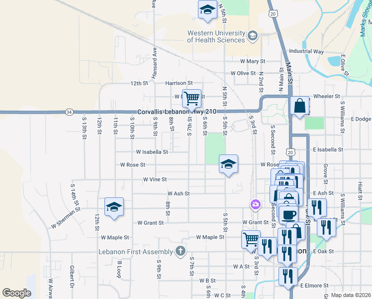 map of restaurants, bars, coffee shops, grocery stores, and more near 320 South 7th Street in Lebanon