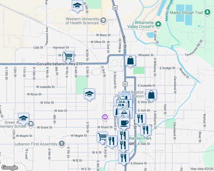 map of restaurants, bars, coffee shops, grocery stores, and more near 313 South 3rd Street in Lebanon