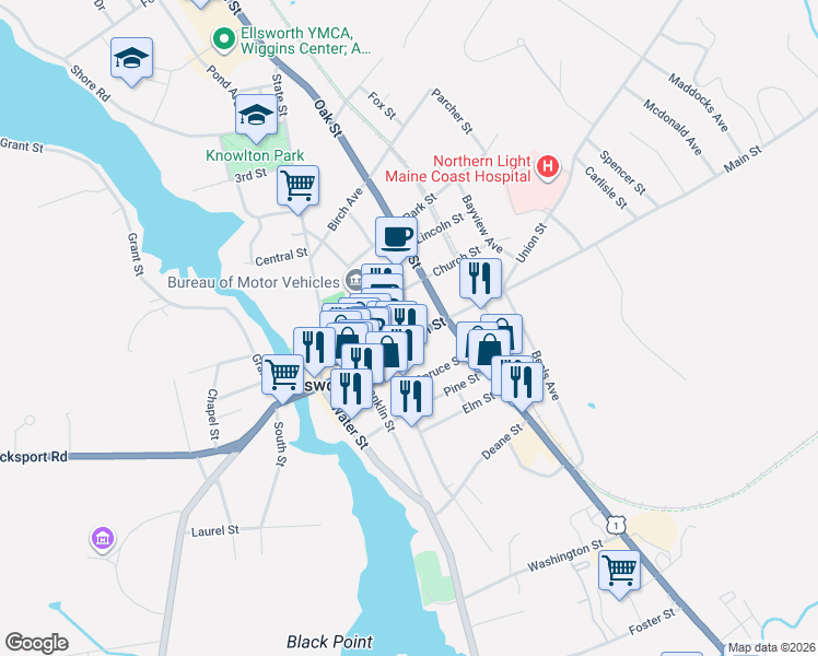 map of restaurants, bars, coffee shops, grocery stores, and more near 200 Main Street in Ellsworth