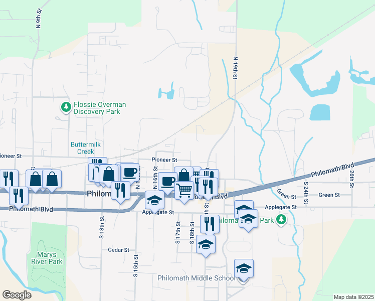 map of restaurants, bars, coffee shops, grocery stores, and more near 330 North 18th Street in Philomath