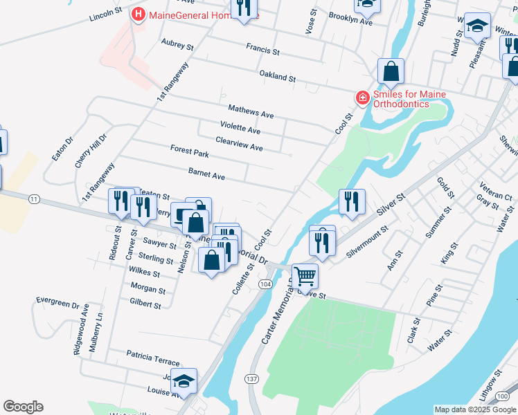 map of restaurants, bars, coffee shops, grocery stores, and more near 2 Carle Street in Waterville