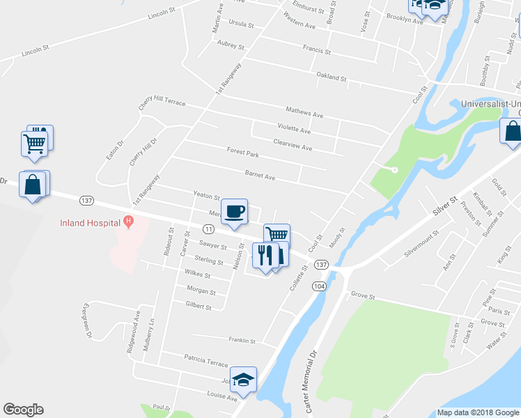 map of restaurants, bars, coffee shops, grocery stores, and more near 2 Lowell Street in Waterville