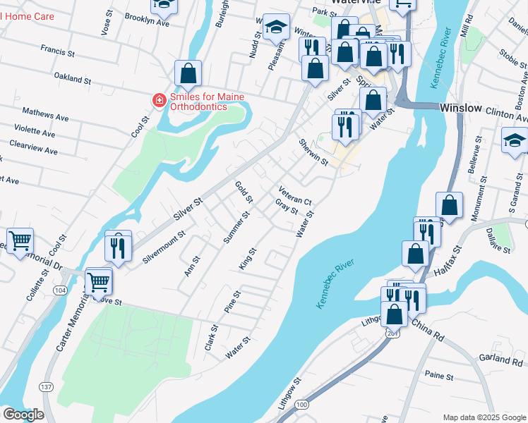 map of restaurants, bars, coffee shops, grocery stores, and more near 21 Gold Street in Waterville