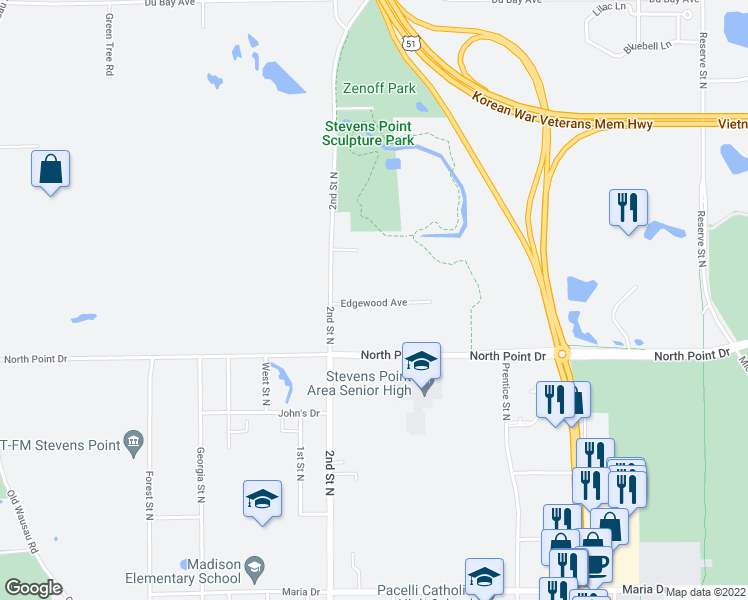 map of restaurants, bars, coffee shops, grocery stores, and more near 1016 Edgewood Avenue in Stevens Point