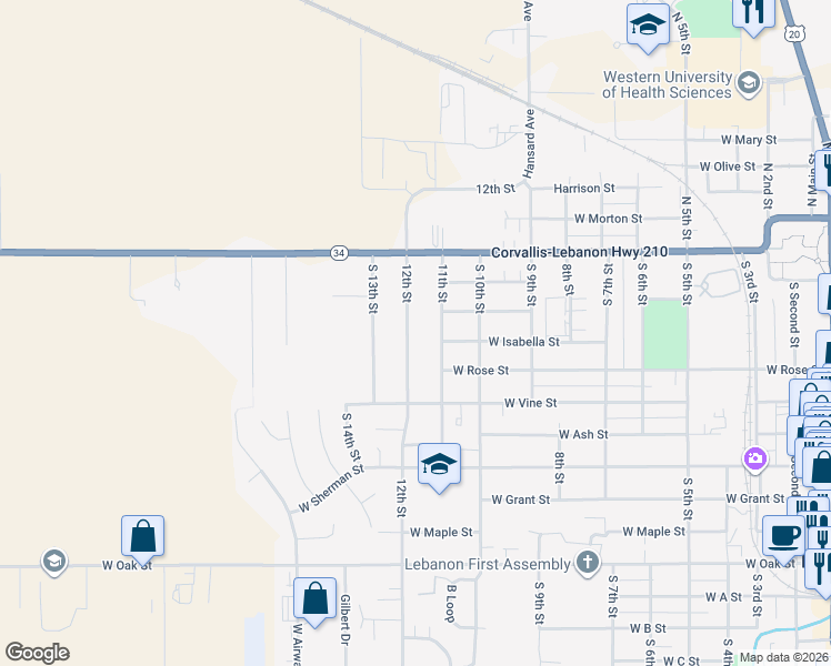 map of restaurants, bars, coffee shops, grocery stores, and more near 355 12th Street in Lebanon