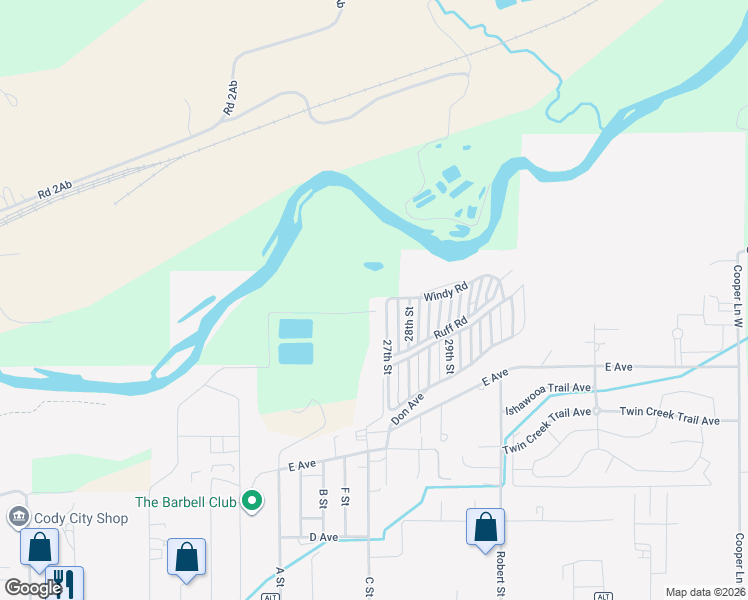 map of restaurants, bars, coffee shops, grocery stores, and more near 57 Lakeshore Circle in Cody