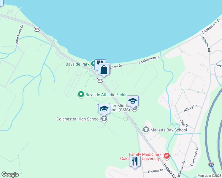 map of restaurants, bars, coffee shops, grocery stores, and more near 205 Blakely Road in Colchester