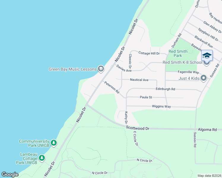 map of restaurants, bars, coffee shops, grocery stores, and more near 3258 Peterson Road in Green Bay