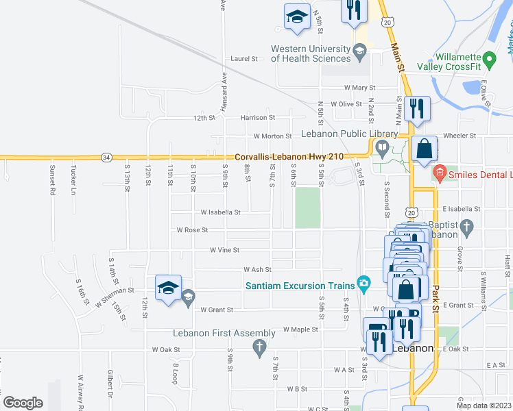 map of restaurants, bars, coffee shops, grocery stores, and more near 327 8th Street in Lebanon