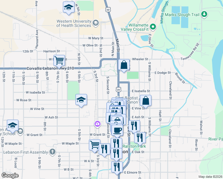 map of restaurants, bars, coffee shops, grocery stores, and more near 313 South Second Street in Lebanon