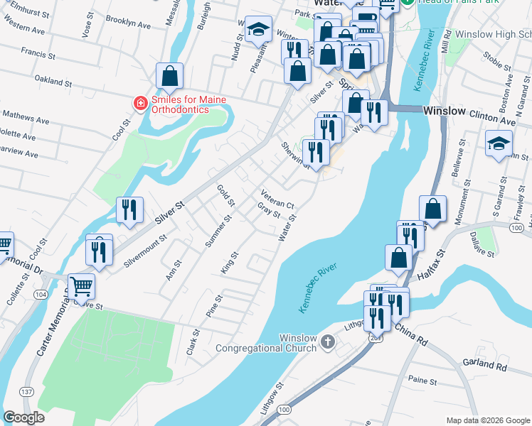 map of restaurants, bars, coffee shops, grocery stores, and more near 9 Gold Street in Waterville
