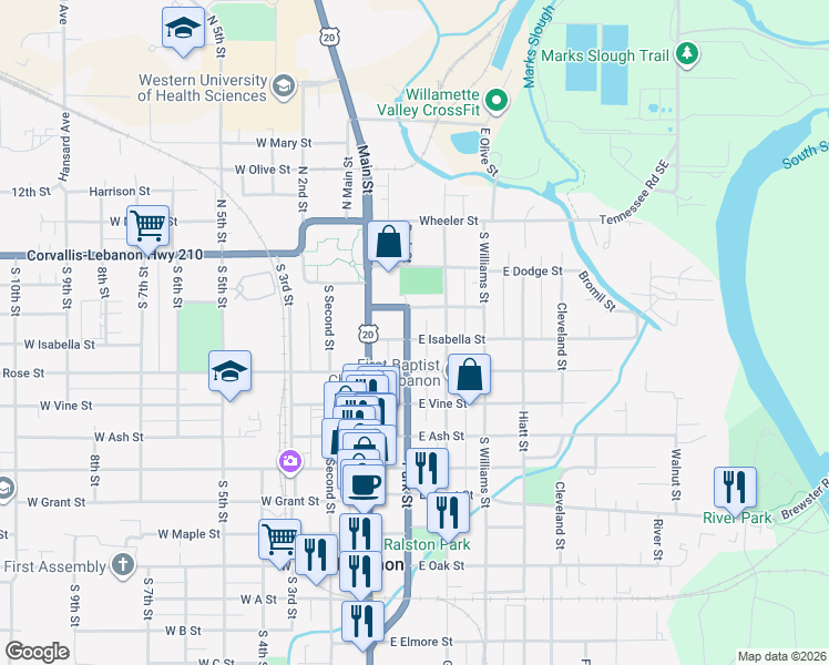 map of restaurants, bars, coffee shops, grocery stores, and more near 325 Park Street in Lebanon