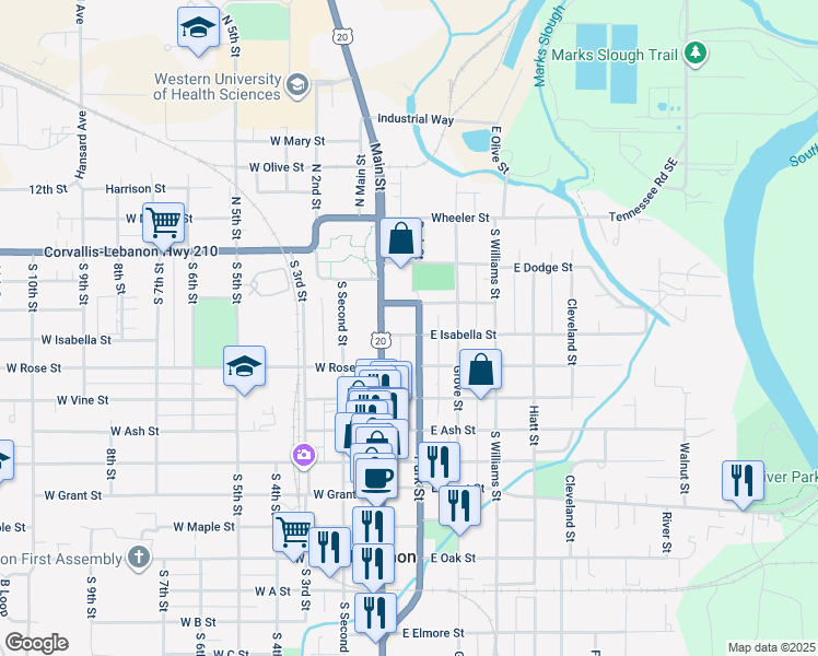 map of restaurants, bars, coffee shops, grocery stores, and more near 325 Park Street in Lebanon