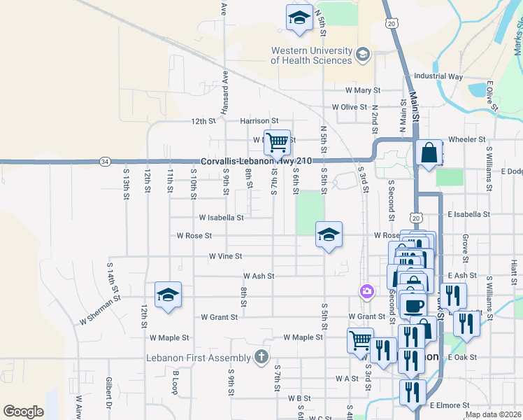 map of restaurants, bars, coffee shops, grocery stores, and more near 320 South 7th Street in Lebanon
