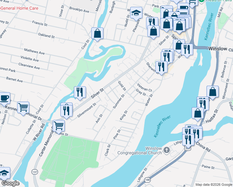 map of restaurants, bars, coffee shops, grocery stores, and more near 6 Kimball Street in Waterville