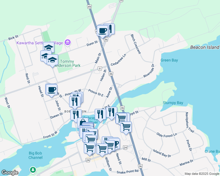 map of restaurants, bars, coffee shops, grocery stores, and more near 1 Anne Street in Kawartha Lakes