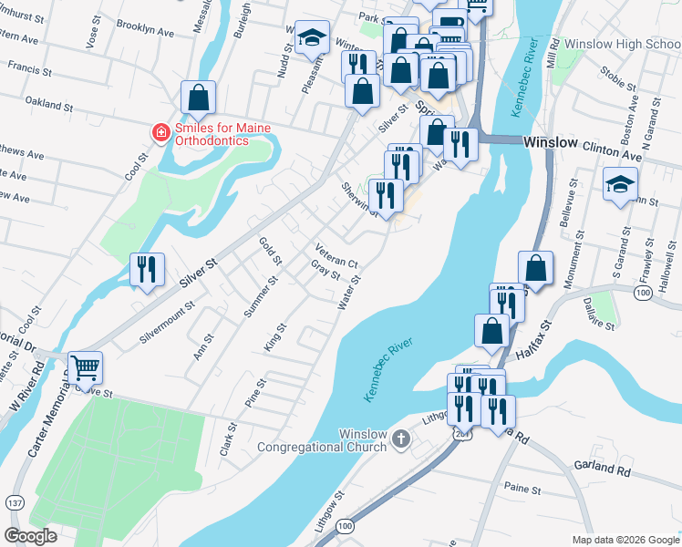 map of restaurants, bars, coffee shops, grocery stores, and more near 74 Water Street in Waterville