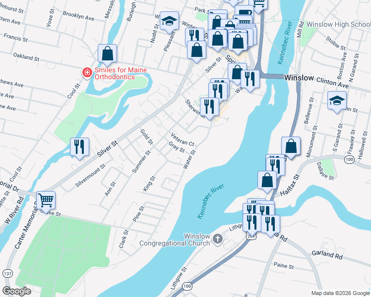 map of restaurants, bars, coffee shops, grocery stores, and more near 74 Water Street in Waterville
