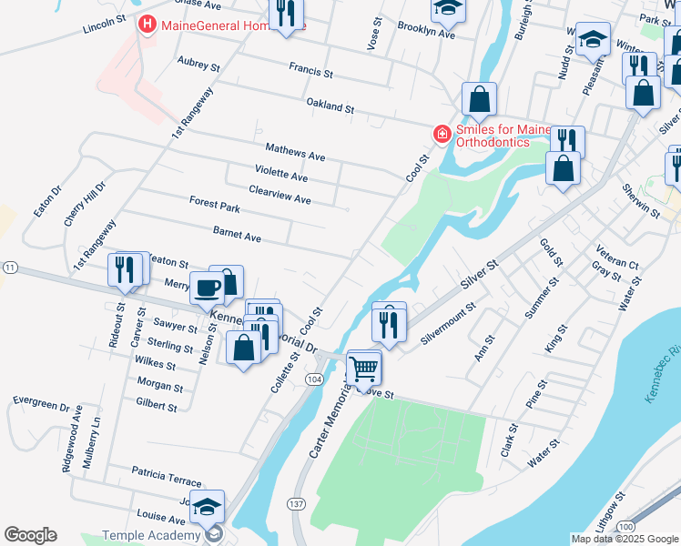 map of restaurants, bars, coffee shops, grocery stores, and more near 70 Cool Street in Waterville