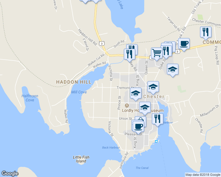 map of restaurants, bars, coffee shops, grocery stores, and more near Victoria Street & Tremont Street in Chester