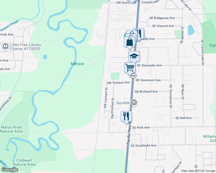 map of restaurants, bars, coffee shops, grocery stores, and more near 2315 Southwest Leonard Street in Corvallis